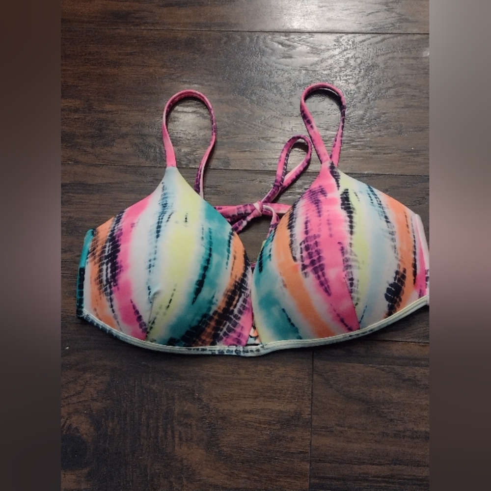 Pink and Blue Striped Bikini Top Size XL.